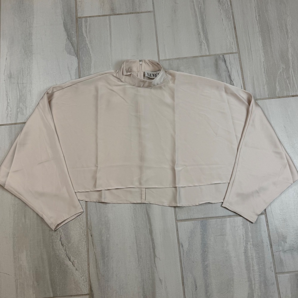 Luvee Champagne Satin Mock Neck Batwing Sleeve Crop Top LT1021 Women M
